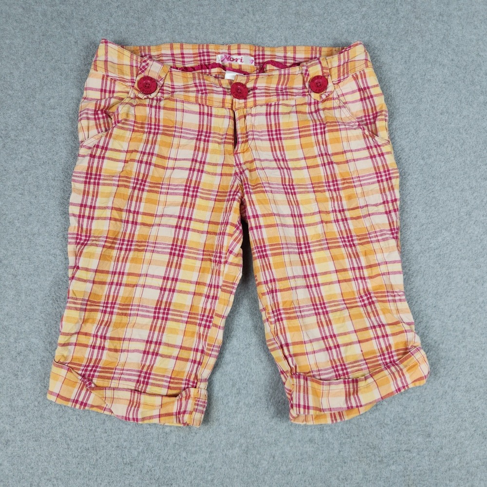 Nori Bermuda Shorts Women 7 Orange Pink Plaid Cuffed Cotton Low Rise Y2K Retro